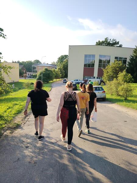 Vairāki cilvēki redzami no mugurpuses, ejot pa ceļu saulainā dienā, ar ēkām un kokiem fonā. (Captioned by AI)