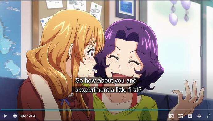 Divas anime tēles, viena ar oranžiem matiem čukst otrā ar purpura matiem, kura priecīgi smejas. (Captioned by AI)